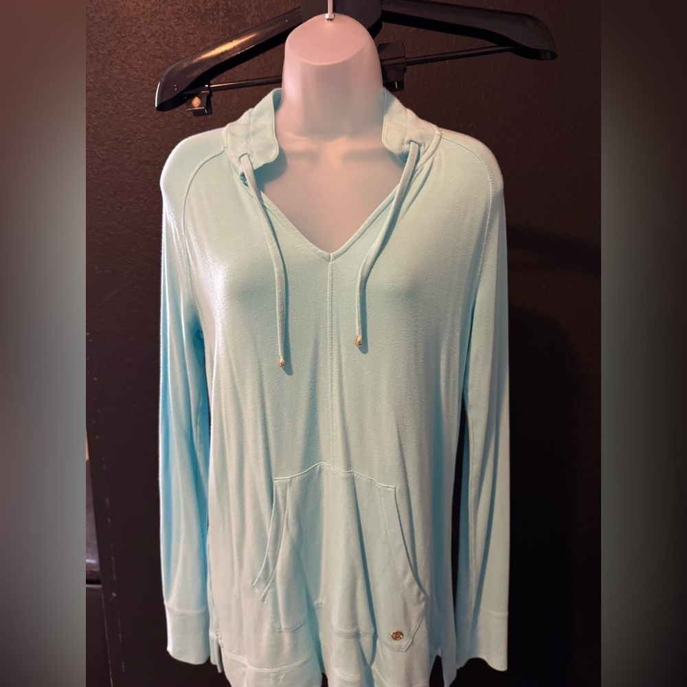 Lilly Pulitzer Cassi Teal Blue pull over top tunic w/ kanga pocket on front